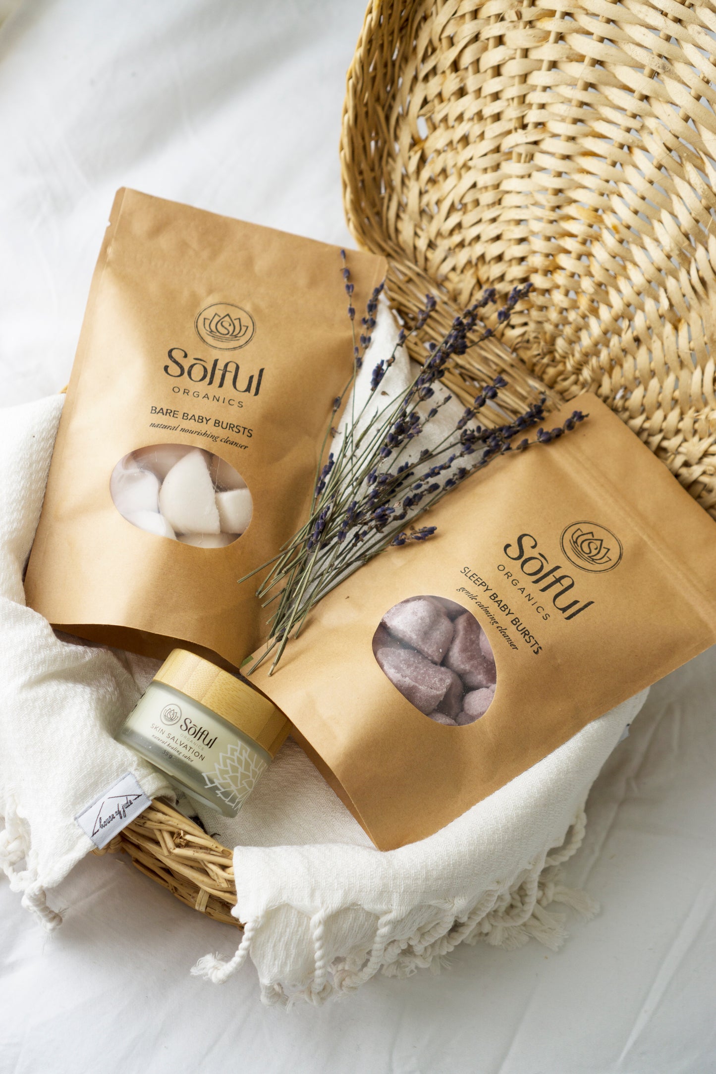 Solful Organics Basic Baby Set, featuring both bare and sleepy baby bursts and skin salvation.